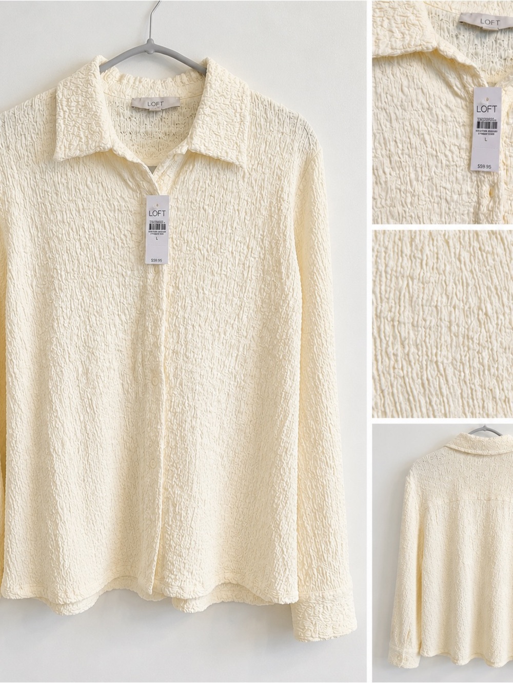 LOFT Cream Crinkle Button-Front Shirt NWT